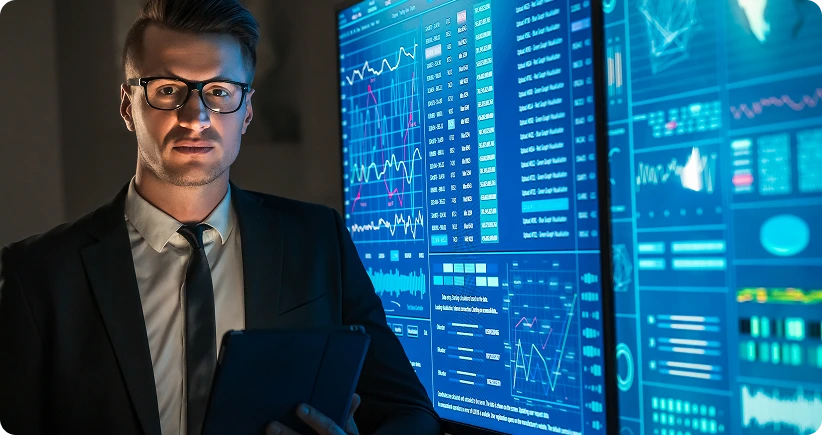 The man works by the computer
