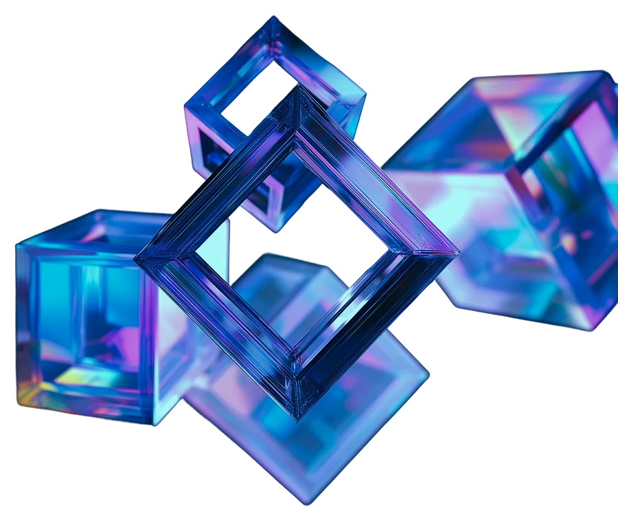 Blue glass 3D cubes and frames with neon light reflection