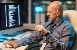 Man working at computer with code on screen