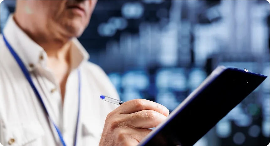 Person writing on clipboard in control room
