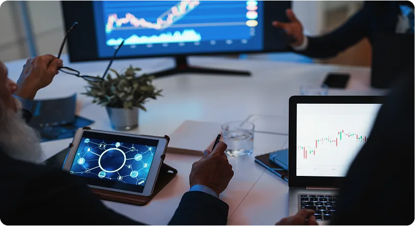 Business meeting analyzing digital charts and graphs