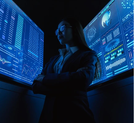 A person in a dark room, wearing glasses and a suit, stands confidently between two large glowing screens displaying complex data and graphs.