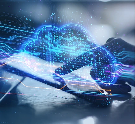 A hand interacts with a tablet, surrounded by a glowing digital cloud and data streams. The image conveys a futuristic and innovative technology theme.