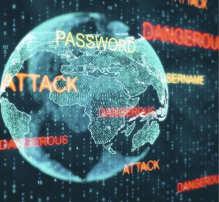 Digital globe with binary code overlay and words like "PASSWORD," "ATTACK," and "DANGEROUS" in bright colors, suggesting a cyber threat theme.