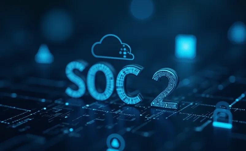 SOC 2 compliance concept illustrated by secure cloud infrastructure and data protection icons on digital network background