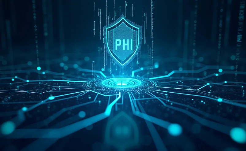 Protected health information security concept illustrated by digital shield with PHI symbol on encrypted network background