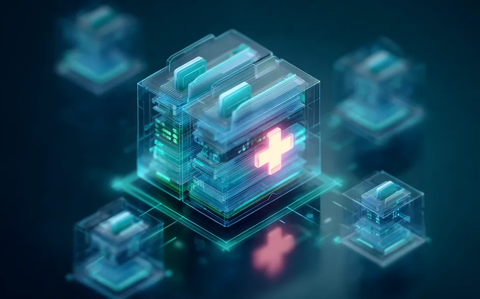 Secure medical data storage system visualized as encrypted digital archive with healthcare cross symbol