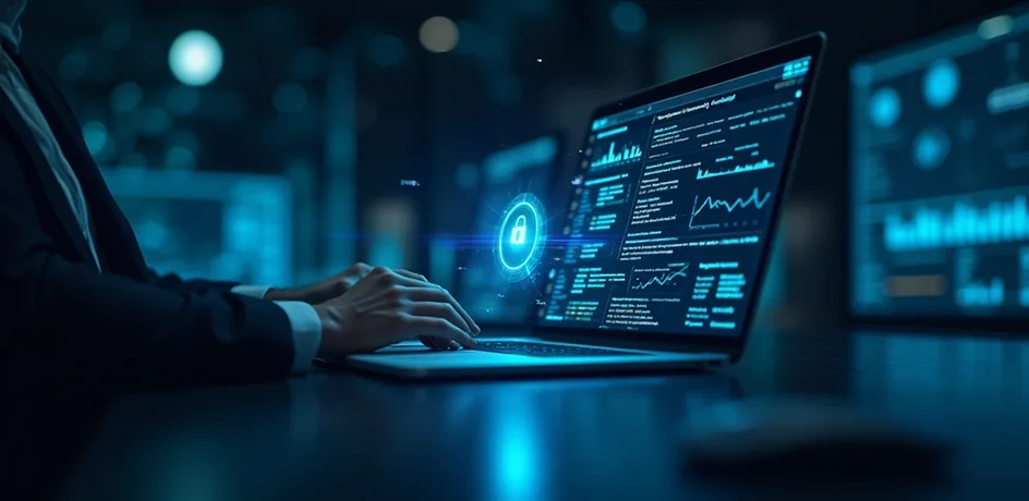 Business professional working on laptop with cybersecurity dashboard and data protection interface at night