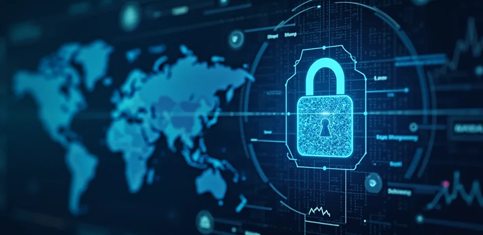 Global cybersecurity monitoring interface showing encrypted data lock over world map and analytics dashboard
