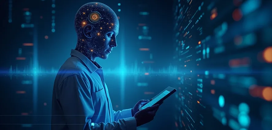 Artificial intelligence specialist reviewing digital data stream on tablet in futuristic technology environment