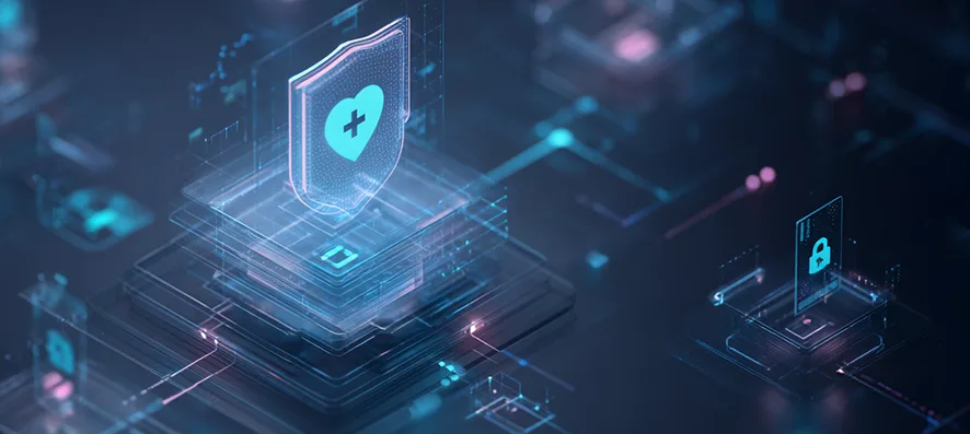 Healthcare cybersecurity platform visualized with protected medical data shield and secure network layers