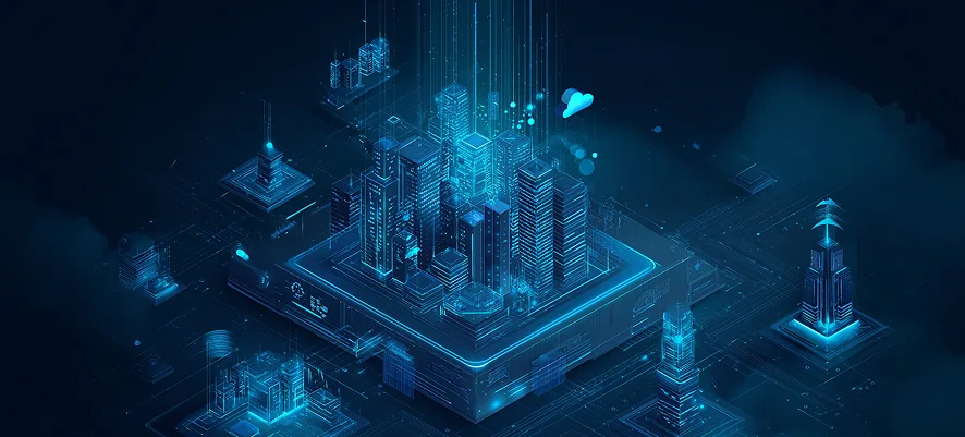 Isometric illustration of smart city infrastructure with cloud connectivity and digital data architecture